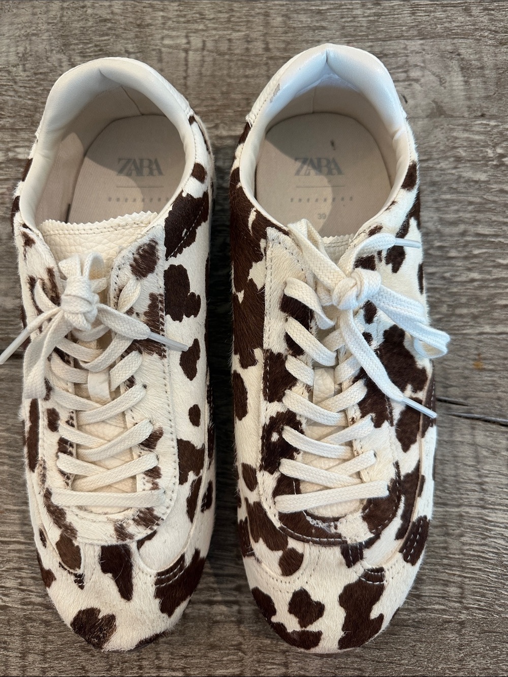 ZARA Cowprint Brown & Cream Lace-Up Sneakers